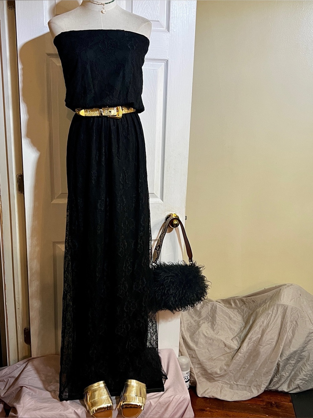 Twins‎ Wms Black Lace Floral Mesh Lined Strapless Whimsigoth Boho Maxi Dress L
